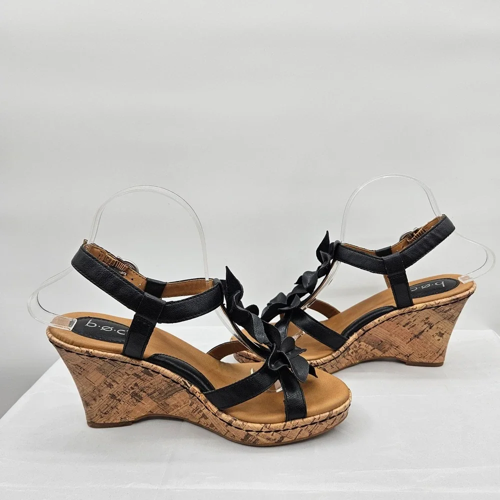 B.O.C. Black Floral T-Strap Cork Wedge Sandals Women Size 8